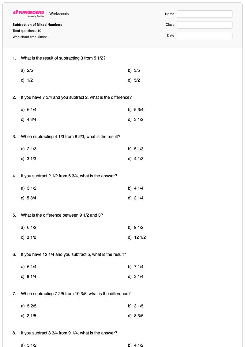 Subtraction of Mixed Numbers - Printable Subtraction Worksheets - Wayground