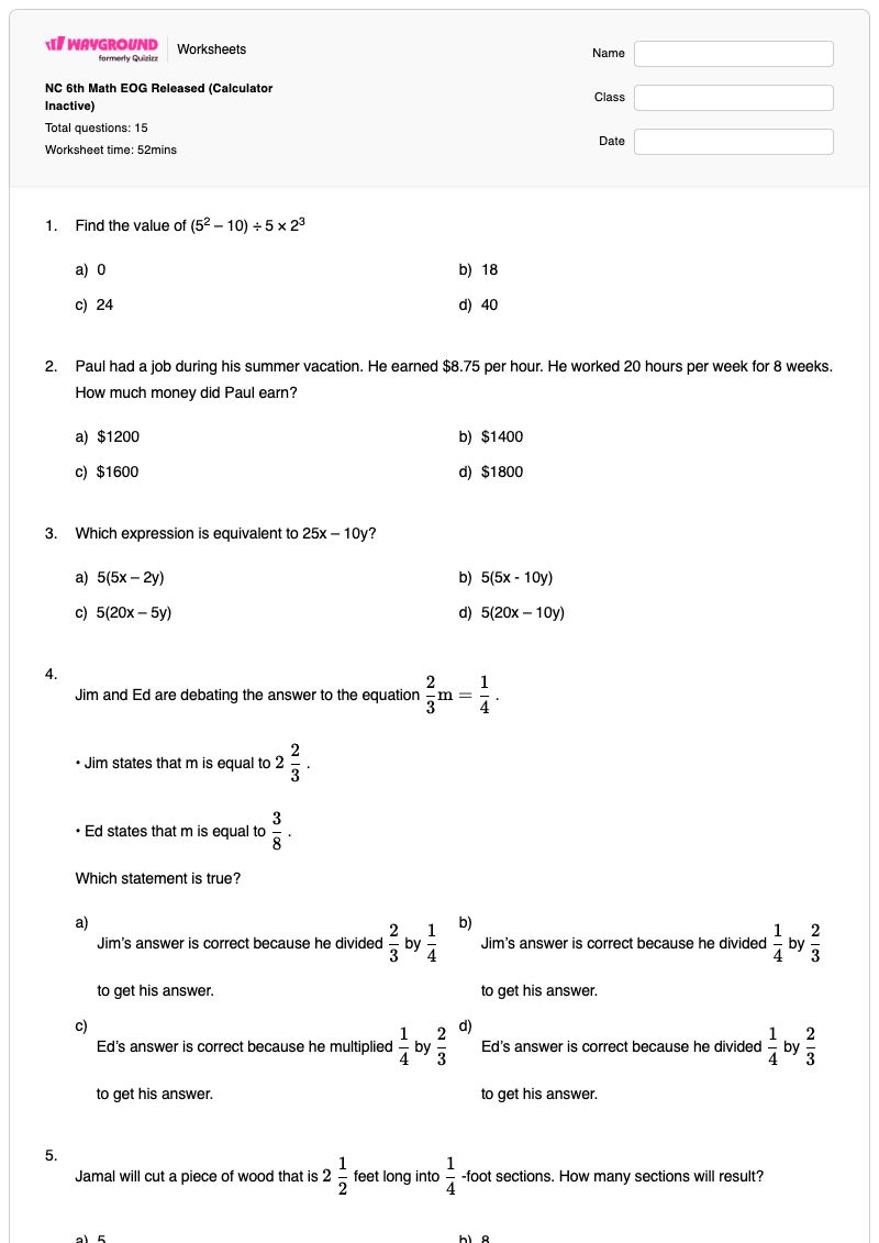 NC 6th Math EOG Released (Calculator Inactive) - Printable Class 6 Worksheets - Wayground