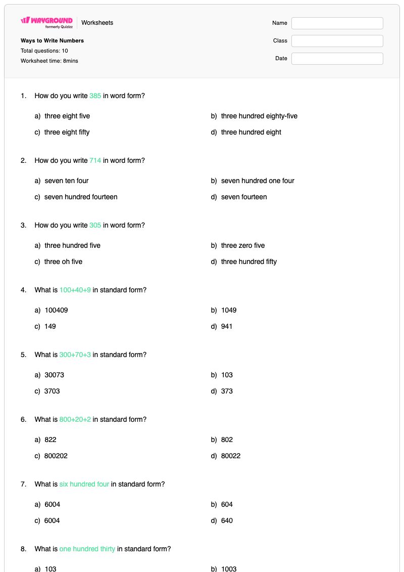 Ways to Write Numbers - Printable Writing-numbers-in-words Worksheets - Wayground