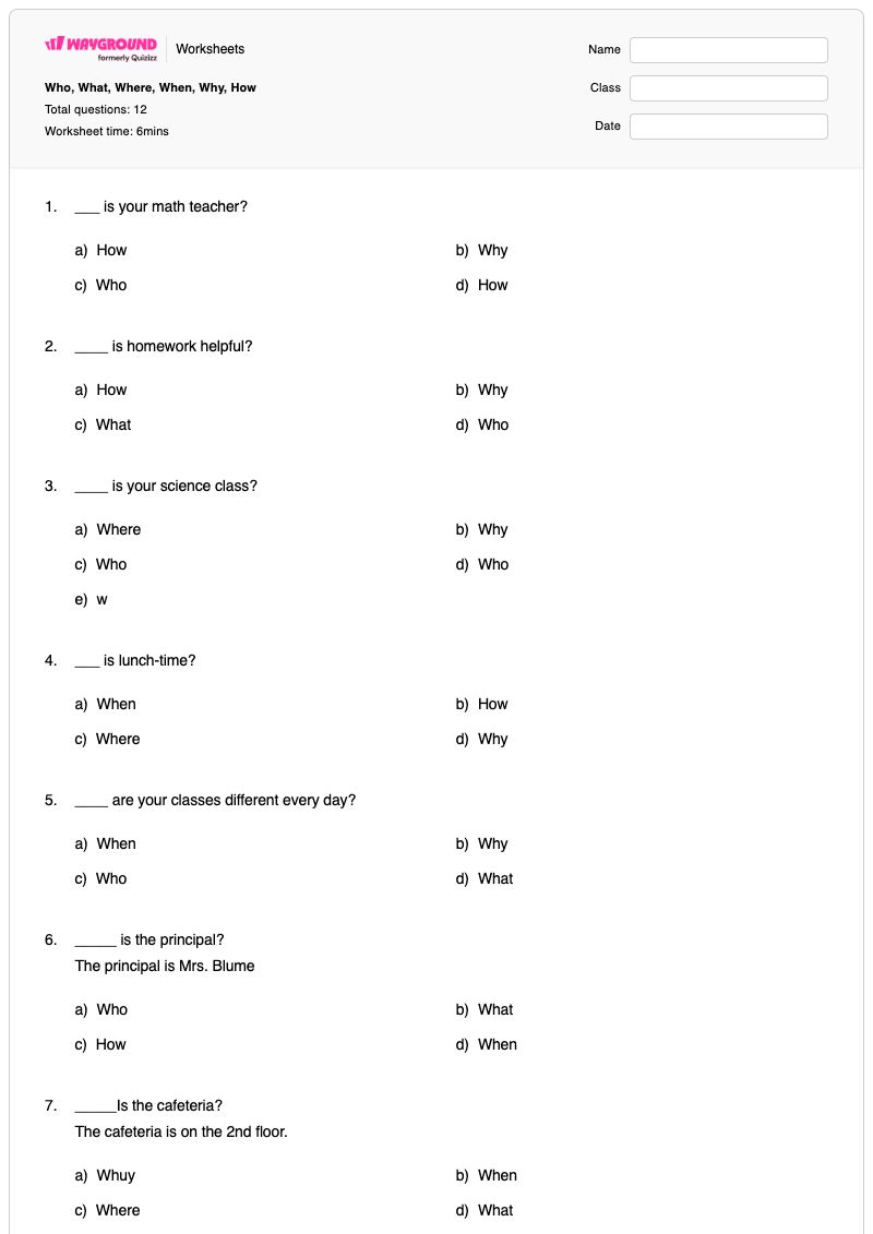 Who, What, Where, When, Why, How - Printable Who-what-when-where-why-questions Worksheets Kindergarten - Wayground