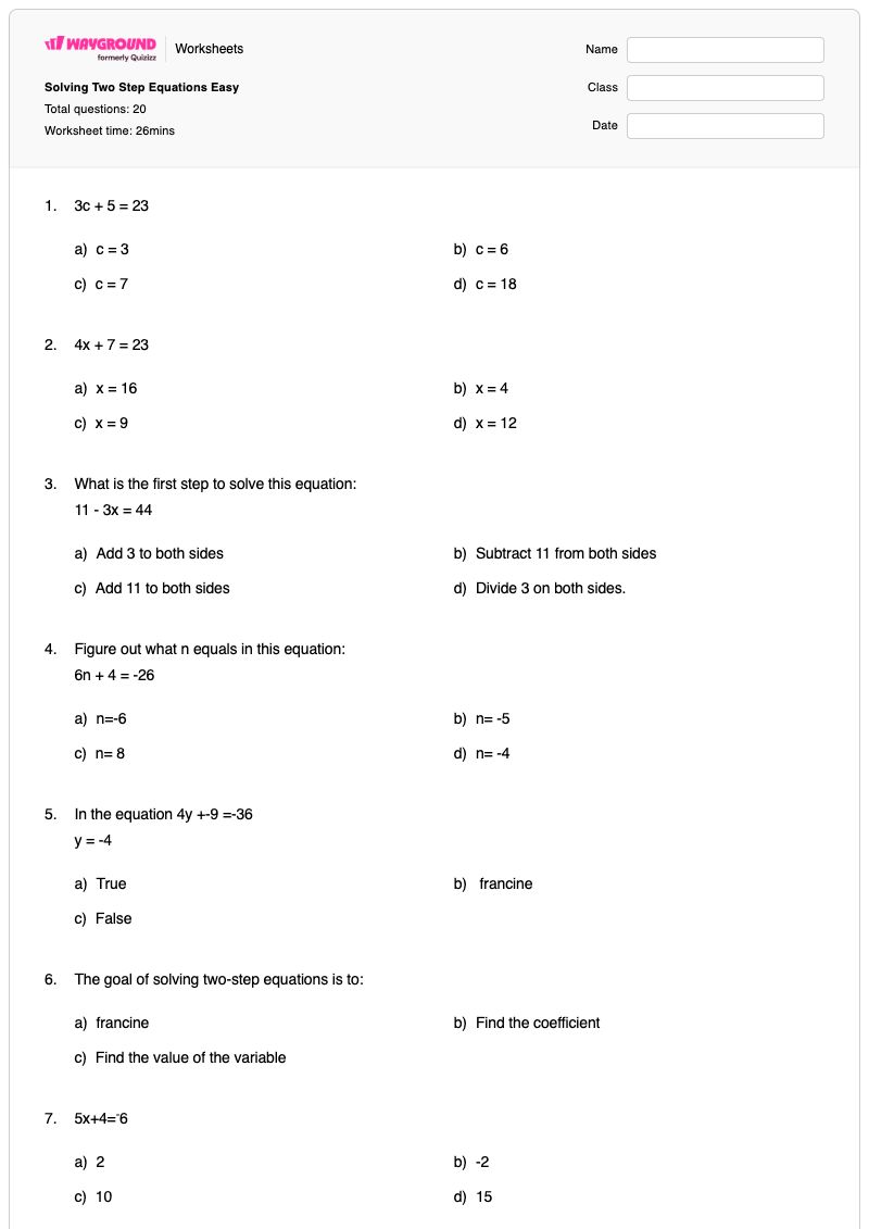 Solving Two Step Equations Easy - พิมพ์ได้ สมการสองขั้นตอน เวิร์กชีท - Wayground