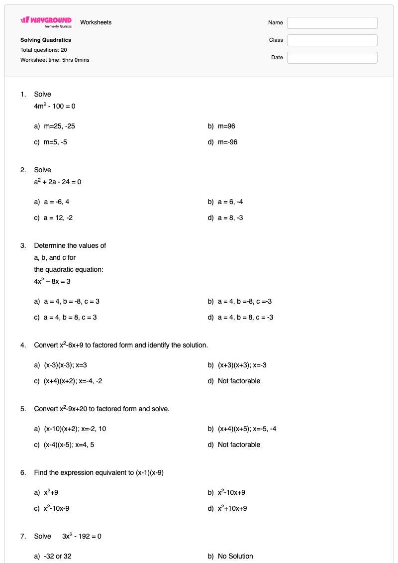 Solving Quadratics - พิมพ์ได้ การทำให้เป็นกำลังสองสมบูรณ์ เวิร์กชีท - Wayground