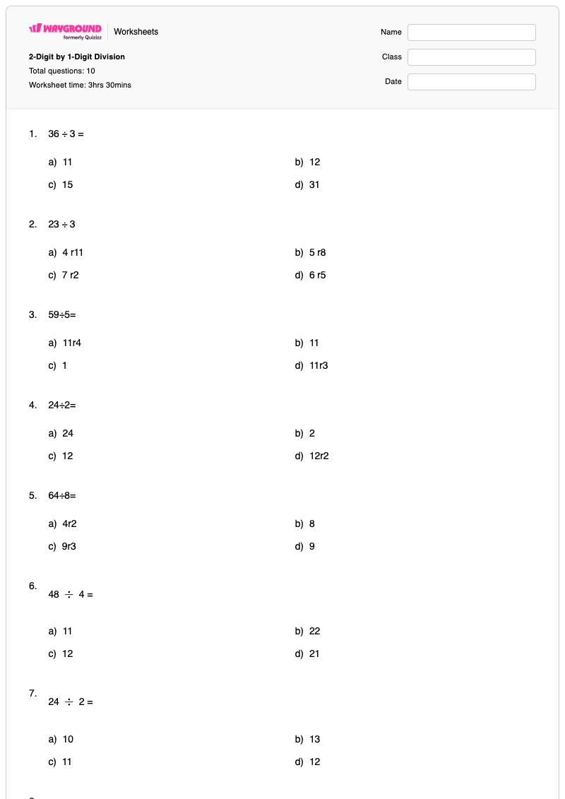 2-Digit by 1-Digit Division - Printable Division Worksheets - Wayground