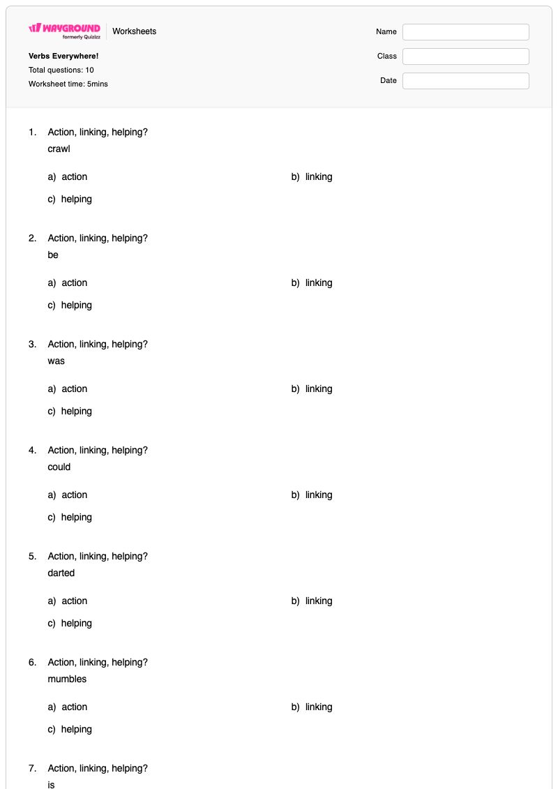 Verbs Everywhere! - พิมพ์ได้ คำกริยาแสดงการกระทำ เวิร์กชีท - Wayground