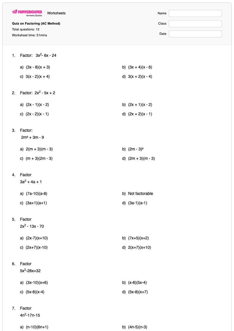 Quiz on Factoring (AC Method) - Printable Ac-method Worksheets - Wayground