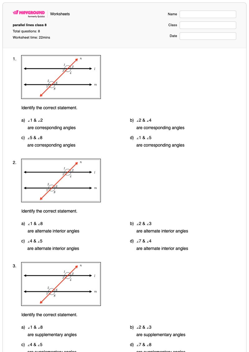 parallel lines class 8 - Nadający się do druku Kwestia Karty-pracy Klasa 8 - Wayground