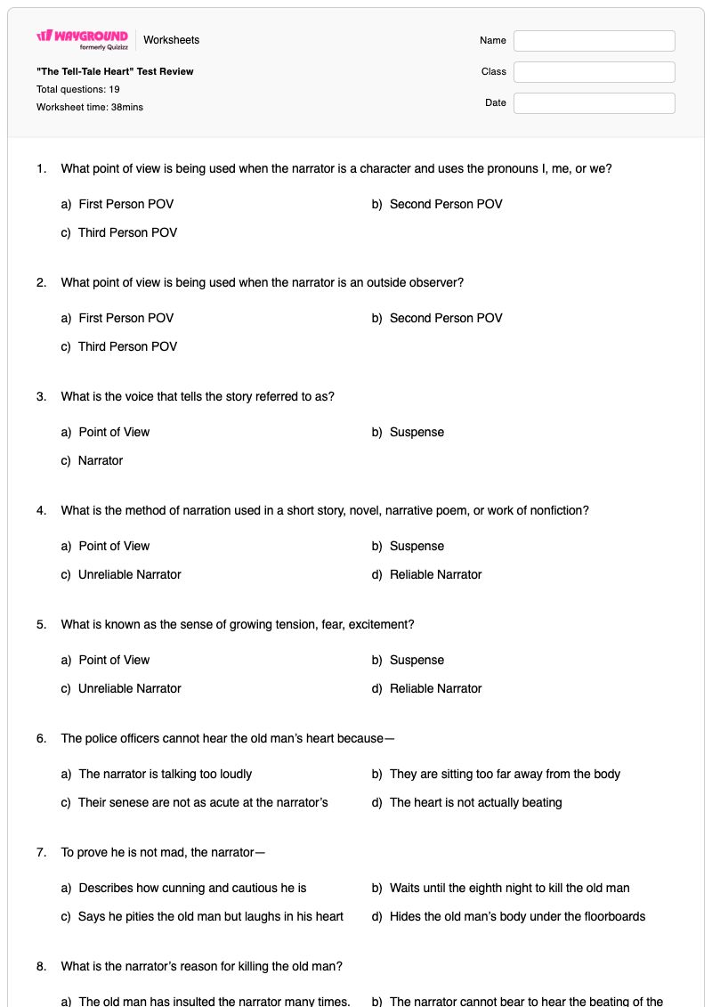 "The Tell-Tale Heart" Test Review - Printable First-and-third-person-point-of-view Worksheets Class 8 - Wayground