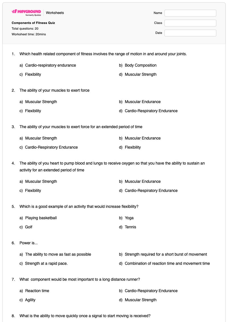 Components of Fitness Quiz - Printable Physical-fitness Worksheets - Wayground