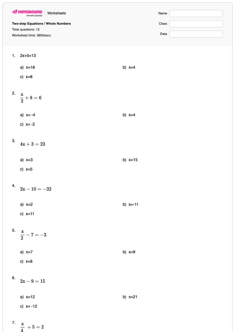 Two-step Equations / Whole Numbers - พิมพ์ได้ สมการสองขั้นตอน เวิร์กชีท - Wayground