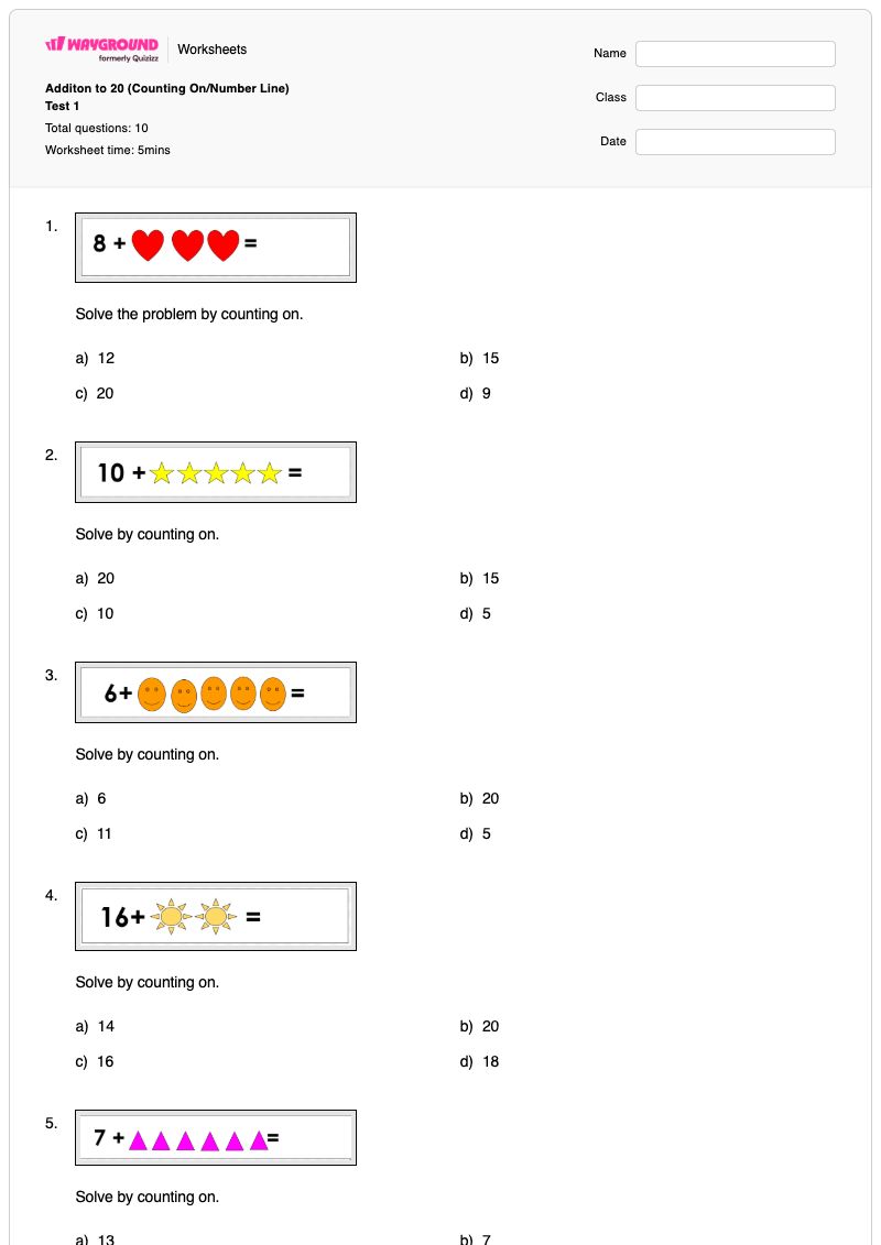 Additon to 20 (Counting On/Number Line) Test 1 - Printable Addition-and-counting-on-number-lines Worksheets Year 1 - Wayground