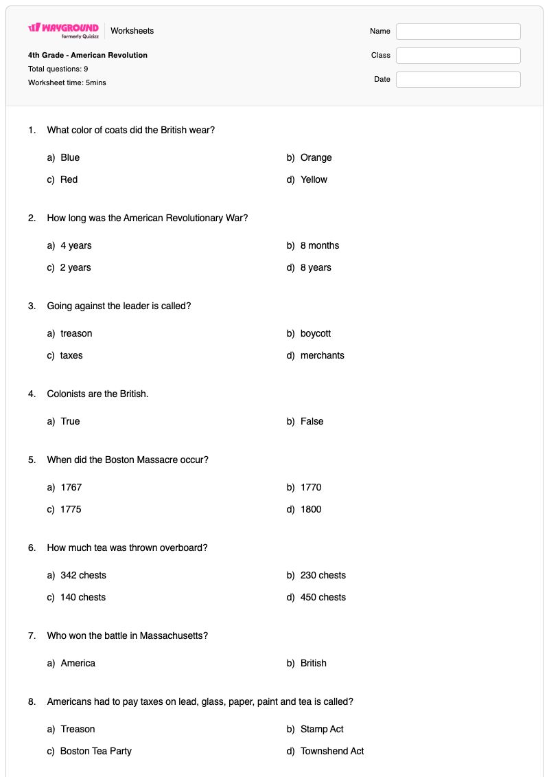 4th Grade - American Revolution - Printable American-revolution Worksheets Grade 4 - Wayground