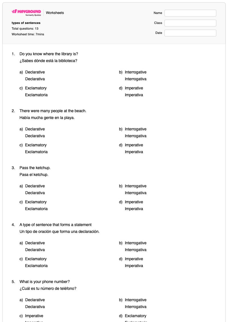 types of sentences - พิมพ์ได้ ประเภทของประโยค เวิร์กชีท ระดับ 6 - Wayground