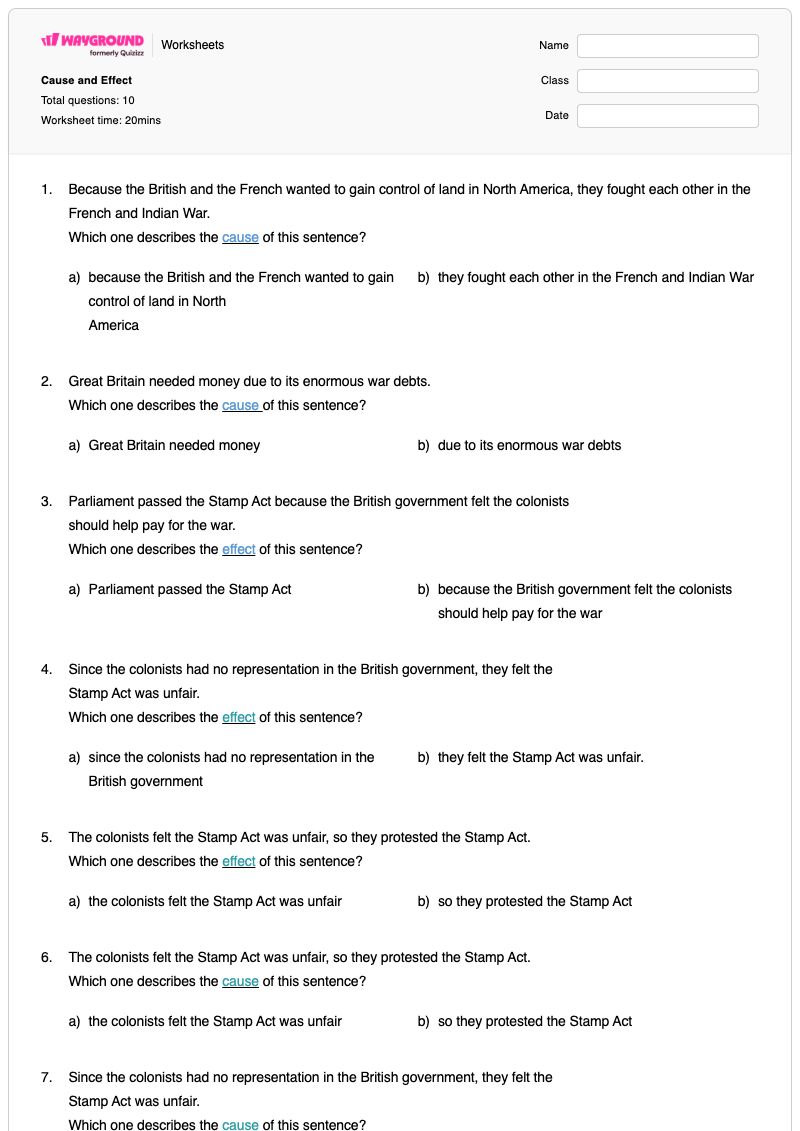 Cause and Effect - Printable French-and-indian-war Worksheets - Wayground