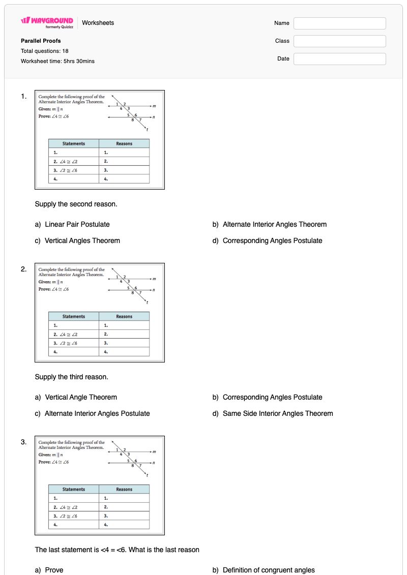 Parallel Proofs - พิมพ์ได้ Exterior-angle-theorem เวิร์กชีท - Wayground