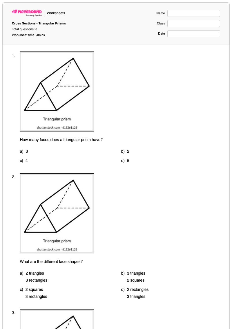 Cross Sections - Triangular Prisms - พิมพ์ได้ Triangular-prisms เวิร์กชีท - Wayground