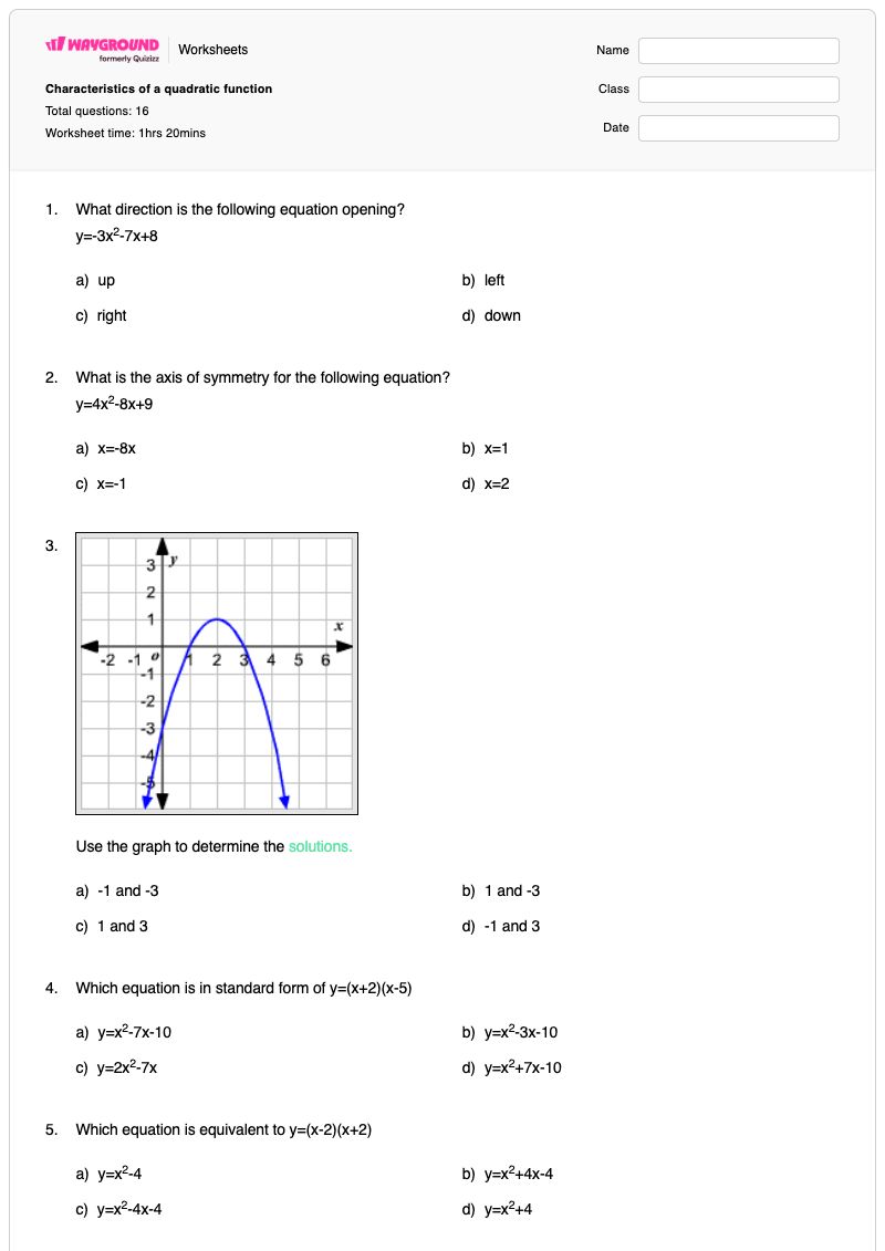 Characteristics of a quadratic function - พิมพ์ได้ Function-characteristics เวิร์กชีท - Wayground