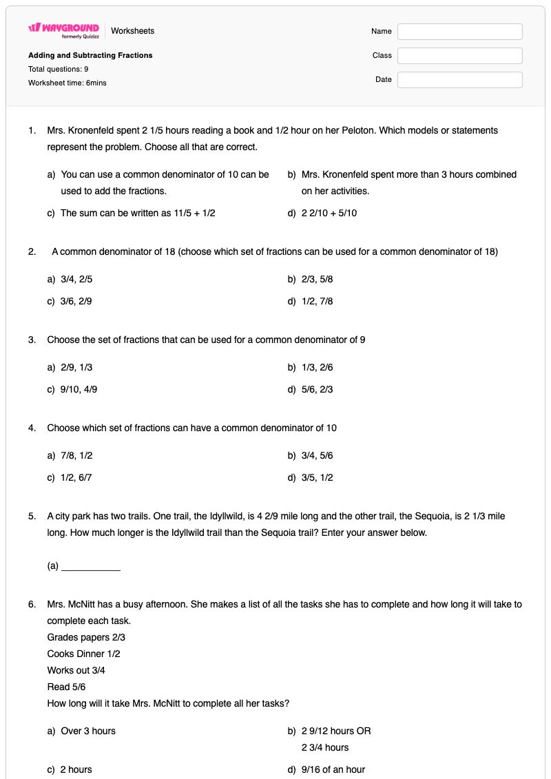 Adding and Subtracting Fractions - Printable Greatest-common-divisor Worksheets Grade 5 - Wayground