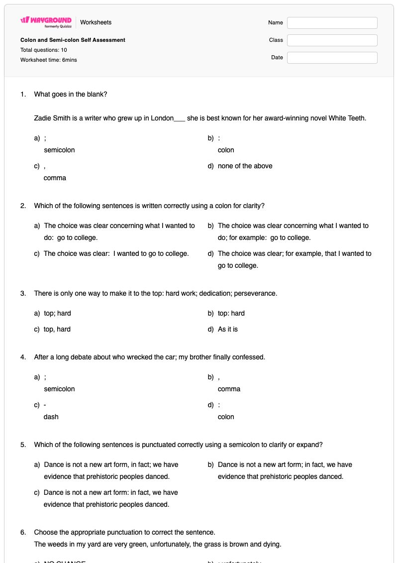Colon and Semi-colon Self Assessment - พิมพ์ได้ Colons เวิร์กชีท - Wayground