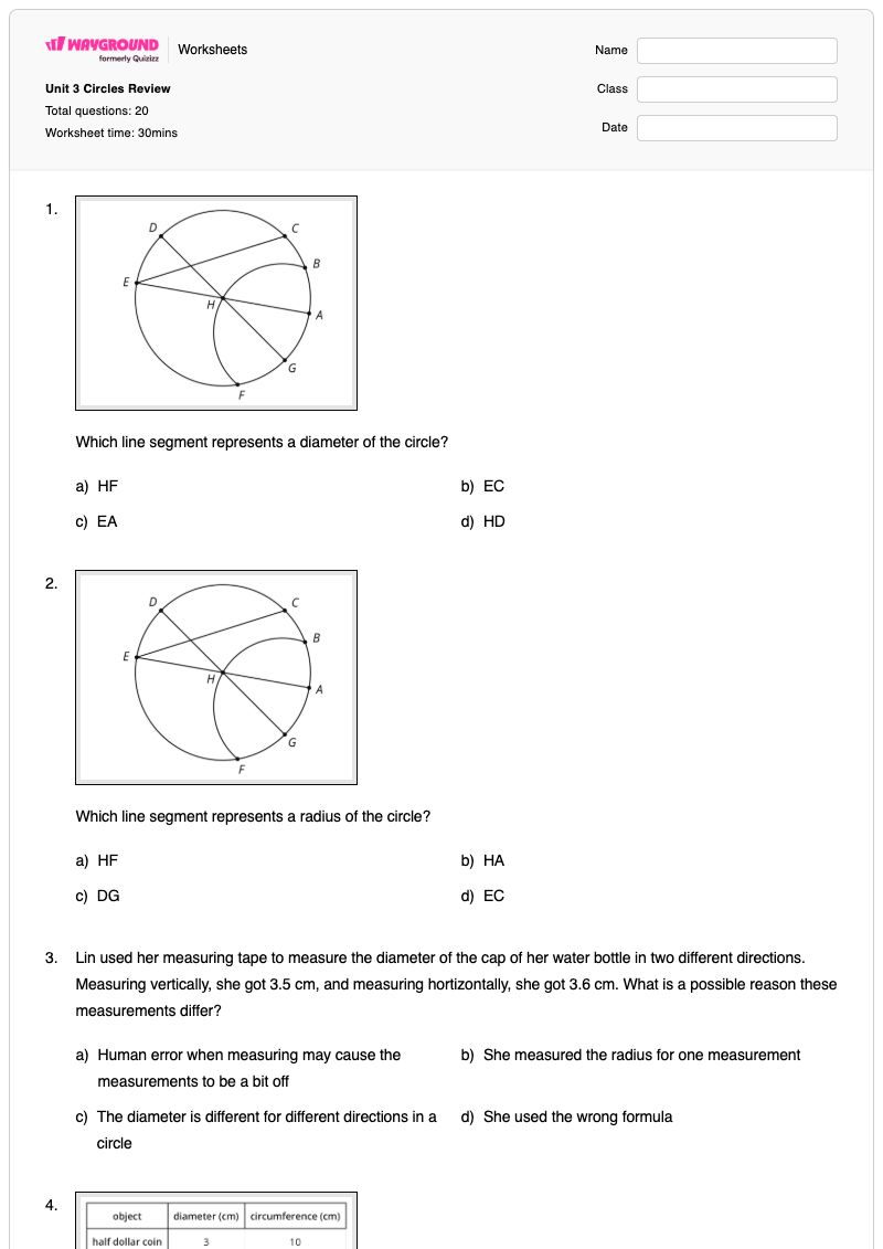 Unit 3 Circles Review - พิมพ์ได้ หน่วยและการวัด เวิร์กชีท ระดับ 7 - Wayground