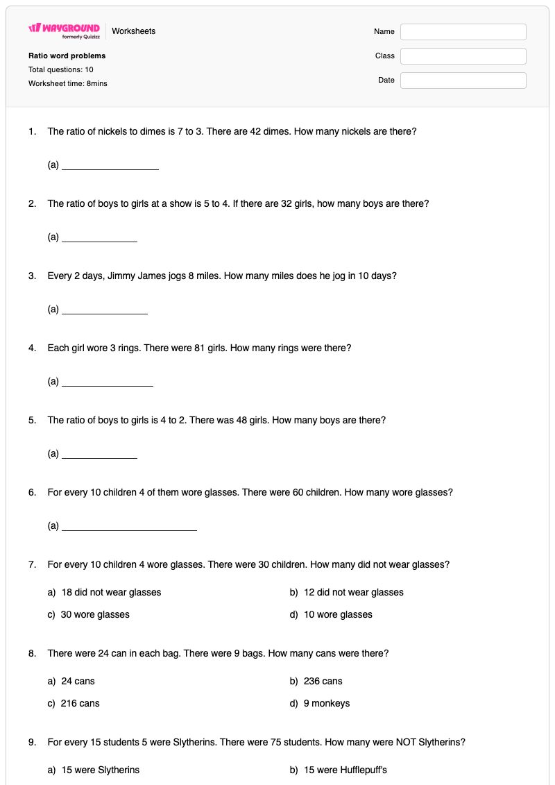 Ratio word problems - พิมพ์ได้ ปัญหาเกี่ยวกับอัตราส่วน เวิร์กชีท - Wayground