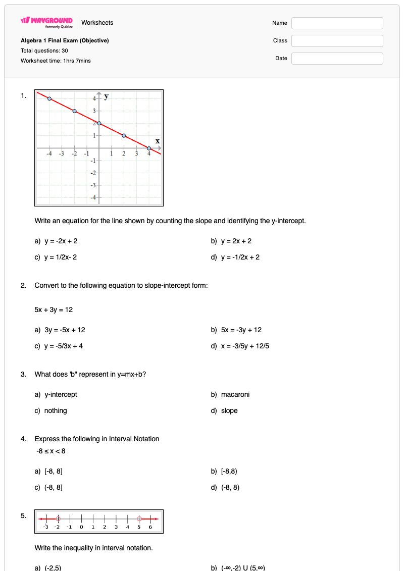 Algebra 1 Final Exam (Objective) - Printable Algebra Worksheets - Wayground