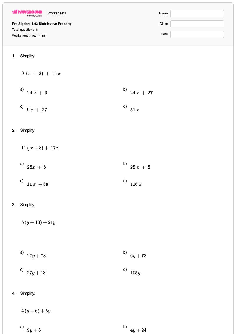 Pre Algebra 1.03 Distributive Property - Nadający się do druku Prealgebra Karty-pracy - Wayground