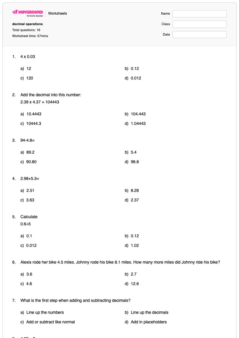 decimal operations - พิมพ์ได้ Decimal-word-problems เวิร์กชีท - Wayground