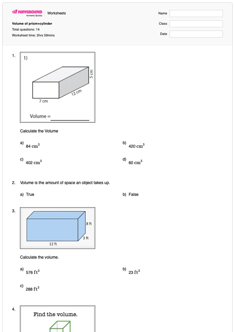 Volume of prism+cylinder - พิมพ์ได้ ปริมาตรของกระบอกสูบ เวิร์กชีท ระดับ 10 - Wayground
