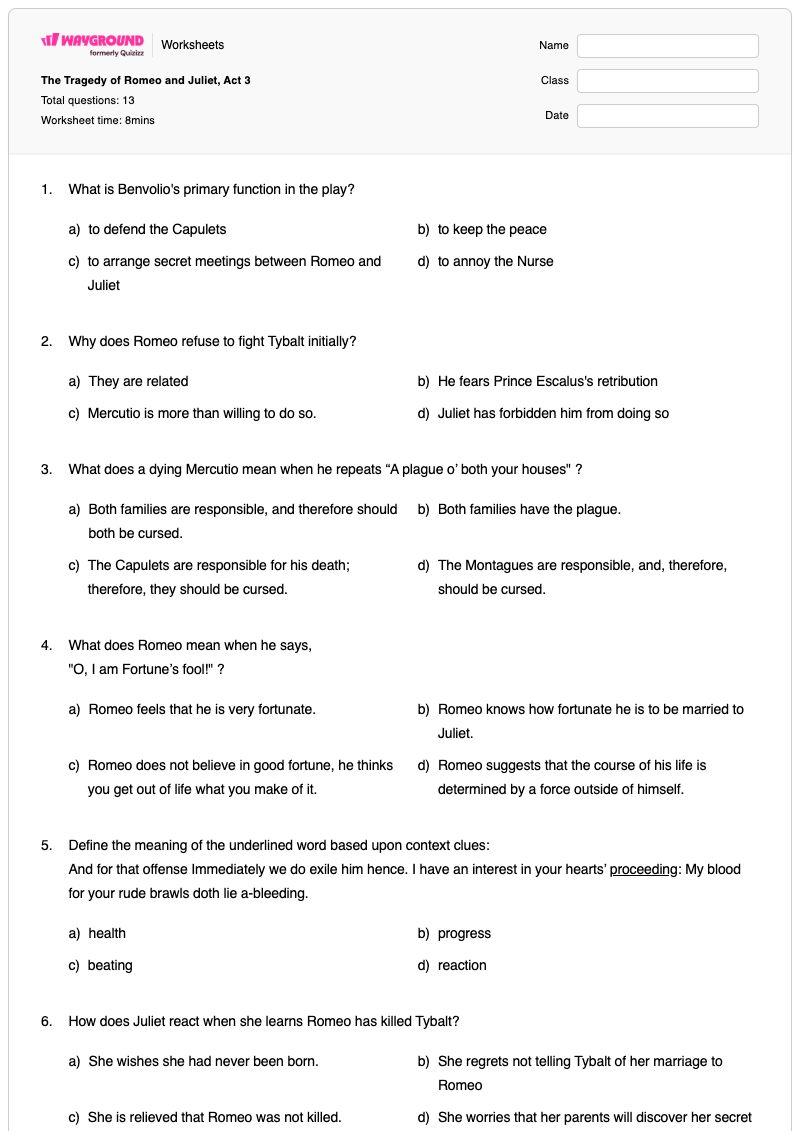 The Tragedy of Romeo and Juliet, Act 3 - Printable Romeo-and-juliet Worksheets - Wayground