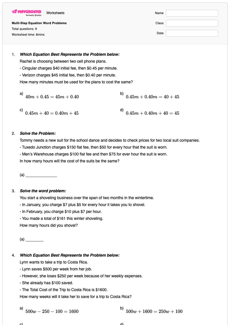 Multi-Step Equation Word Problems - พิมพ์ได้ โจทย์ปัญหาเกี่ยวกับสมการ เวิร์กชีท ระดับ 8 - Wayground