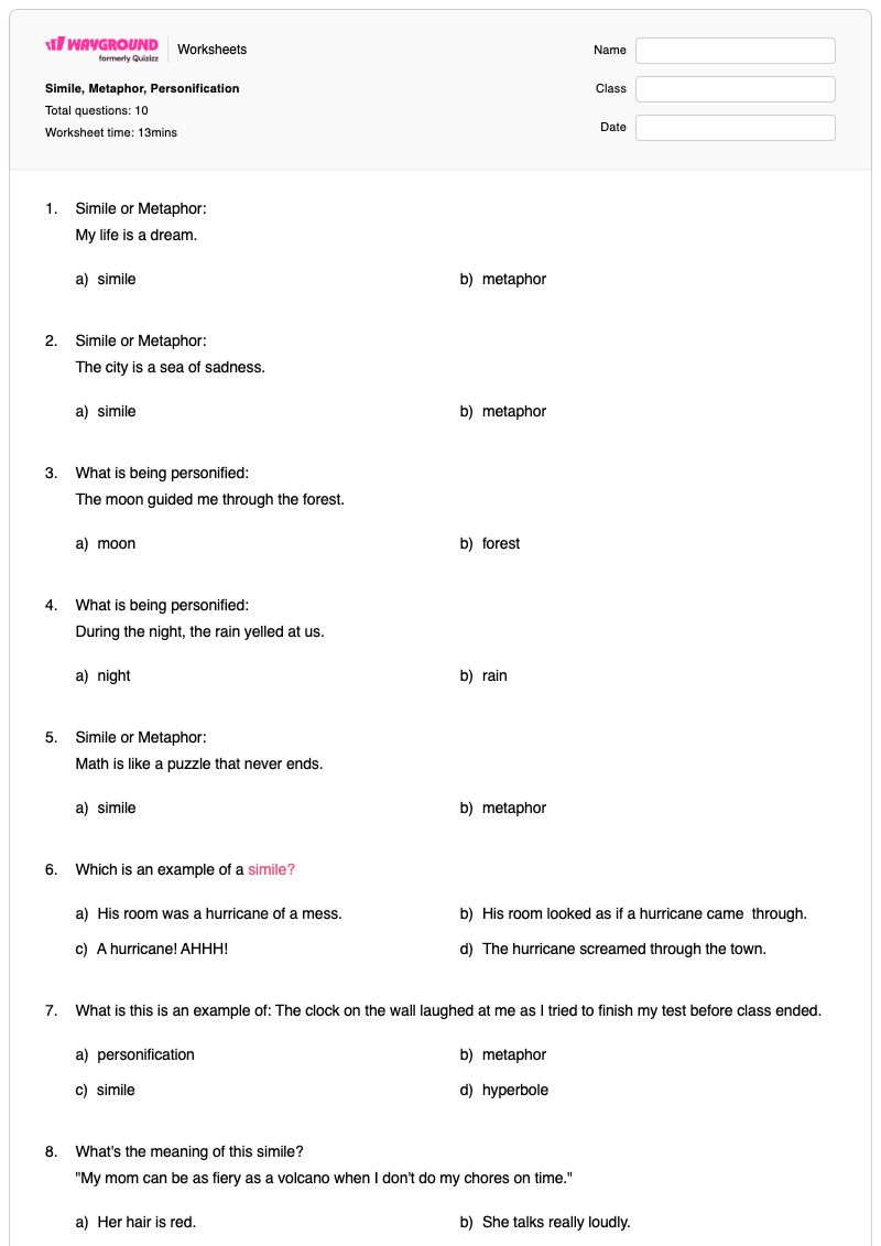 Simile, Metaphor, Personification - Dapat dicetak Pengejawantahan Lembar-kerja Kelas 6 - Wayground