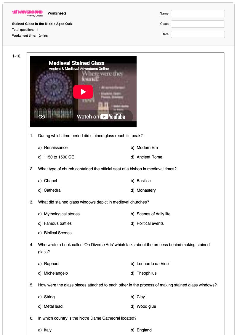 Stained Glass in the Middle Ages Quiz - Printable Algebra Worksheets - Wayground