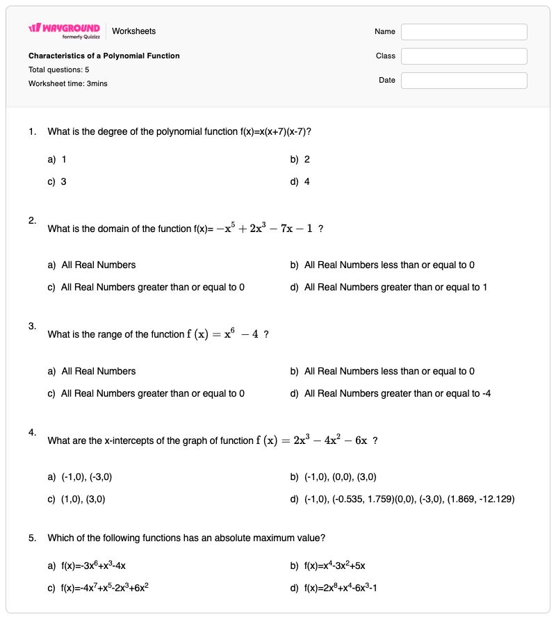 Characteristics of a Polynomial Function - พิมพ์ได้ Function-characteristics เวิร์กชีท - Wayground