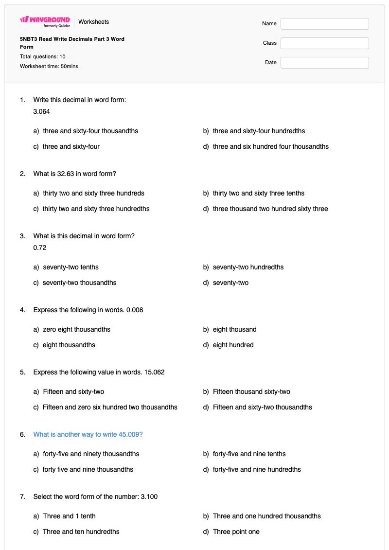 5NBT3 Read Write Decimals Part 3 Word Form - พิมพ์ได้ รูปแบบคำ เวิร์กชีท - Wayground