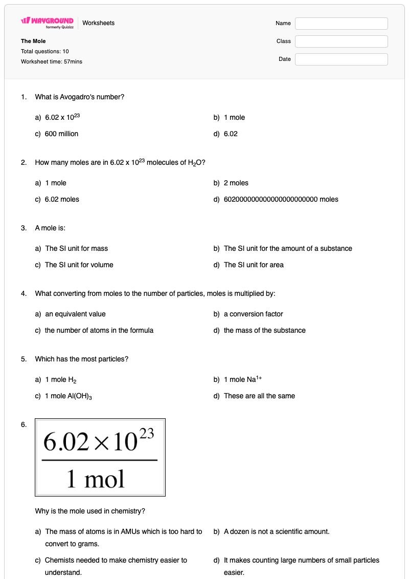 The Mole - พิมพ์ได้ Chemistry-calculations เวิร์กชีท - Wayground