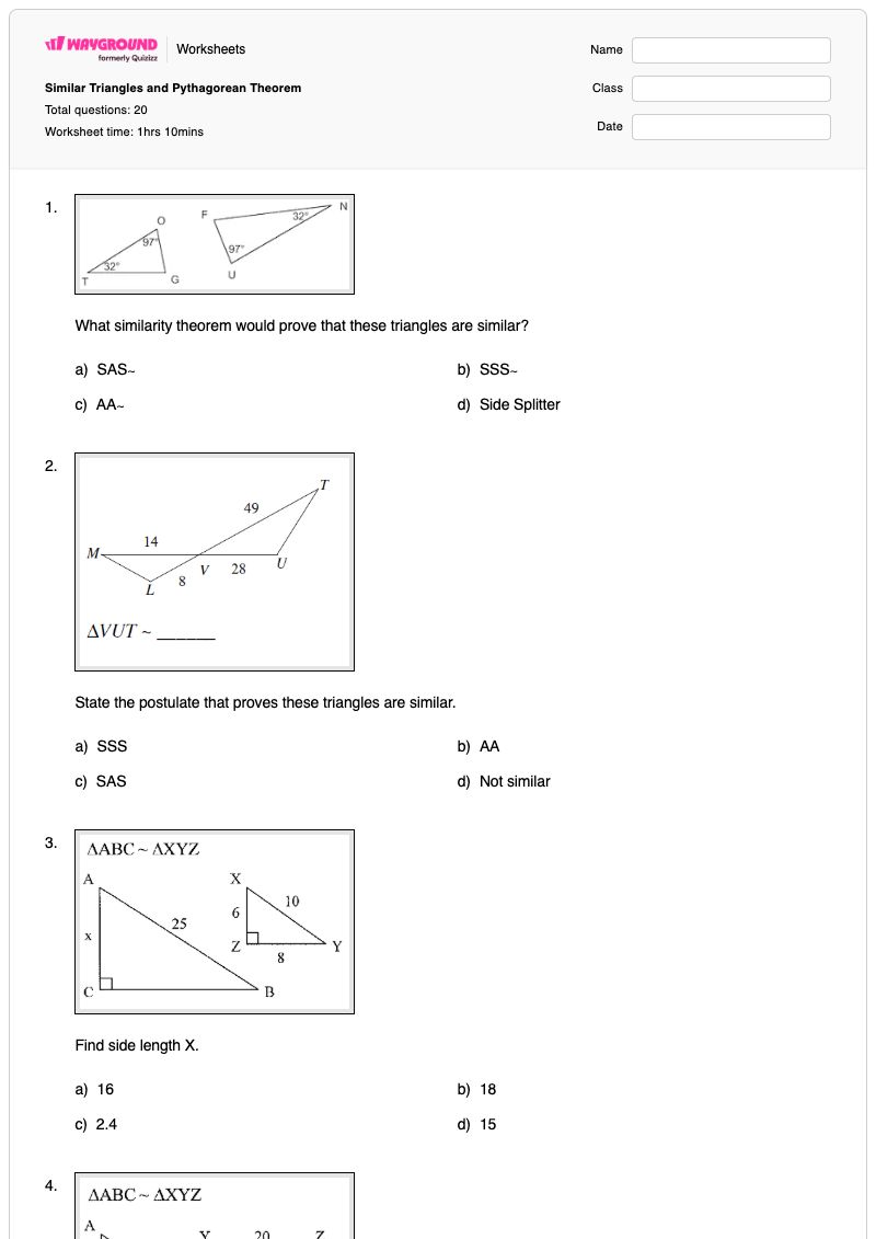 Similar Triangles and Pythagorean Theorem  - Printable Finding-missing-lengths Worksheets - Wayground