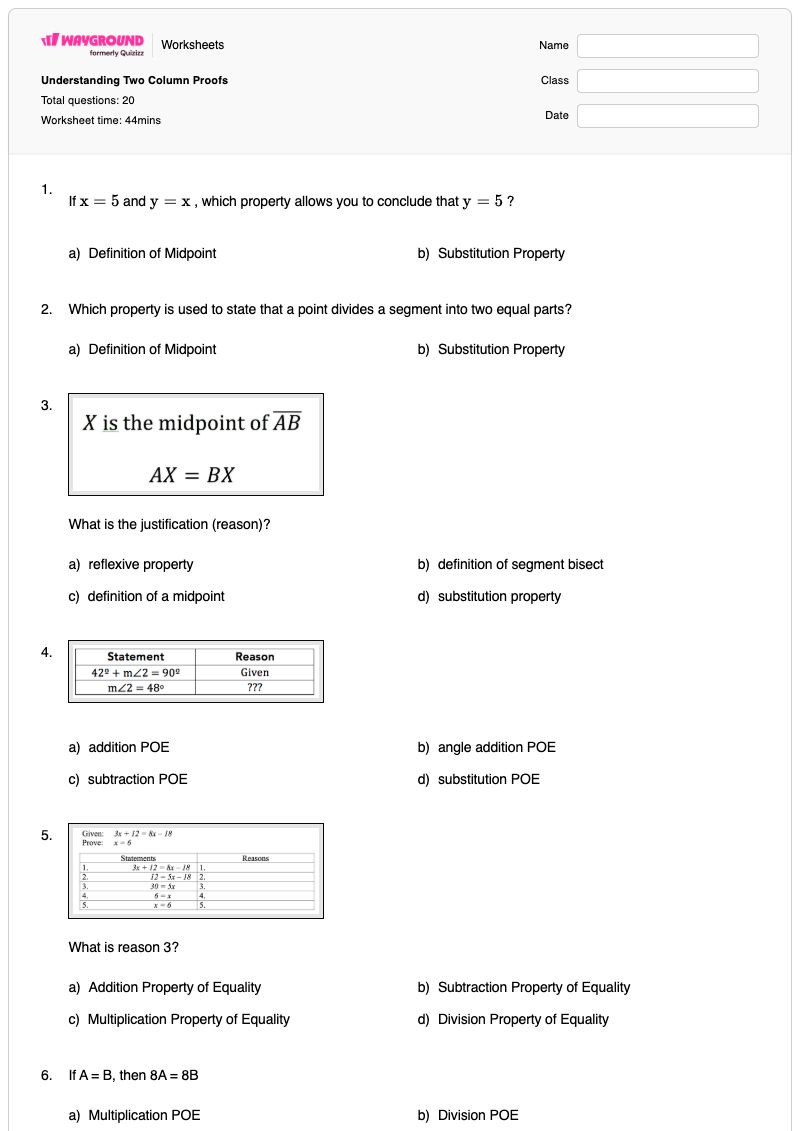Understanding Two Column Proofs - พิมพ์ได้ การพิสูจน์แบบสองคอลัมน์ เวิร์กชีท - Wayground