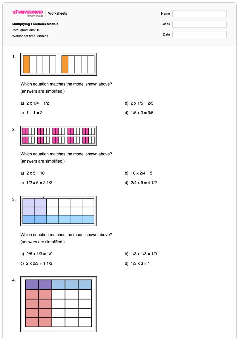 Multiplying Fractions Models - พิมพ์ได้ แบบจำลองเศษส่วน เวิร์กชีท - Wayground