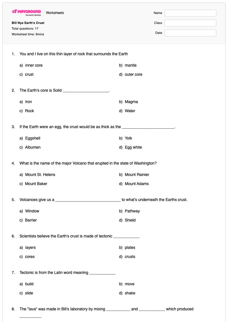 Bill Nye Earth's Crust - Printable Earth-s-crust Worksheets Grade 7 - Wayground