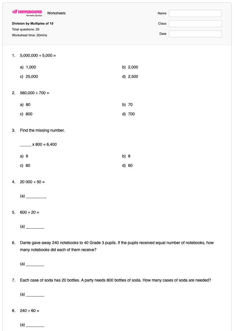 Division by Multiples of 10 - Printable Multiples-of-10 Worksheets - Wayground