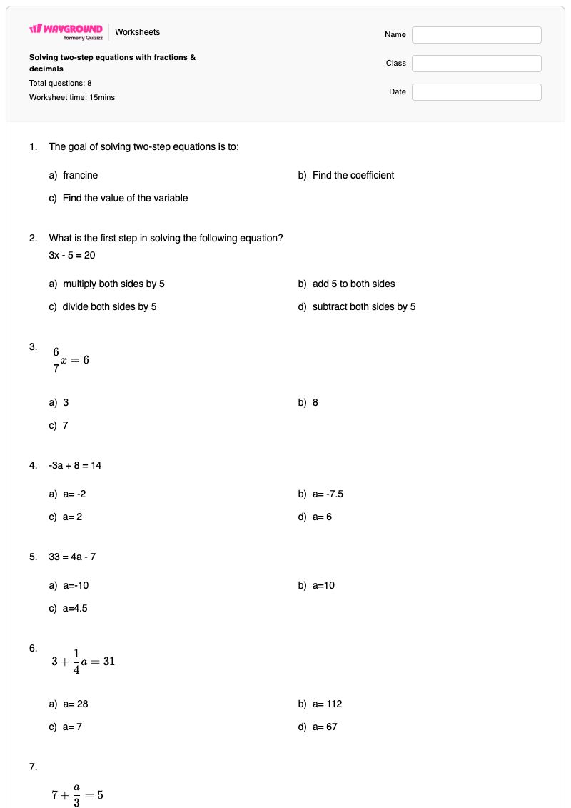 Solving two-step equations with fractions & decimals - พิมพ์ได้ สมการสองขั้นตอน เวิร์กชีท - Wayground