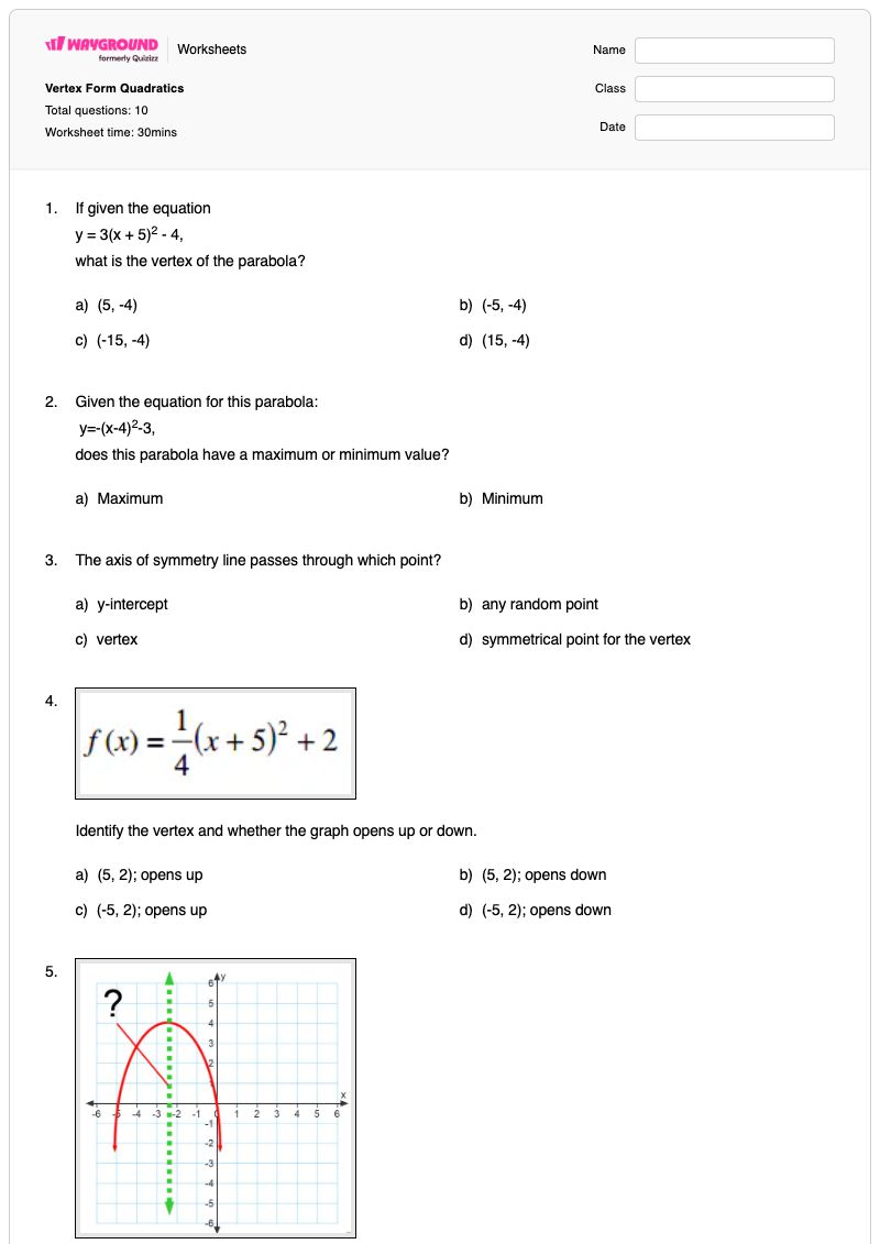 Vertex Form Quadratics - พิมพ์ได้ Vertex-form เวิร์กชีท - Wayground