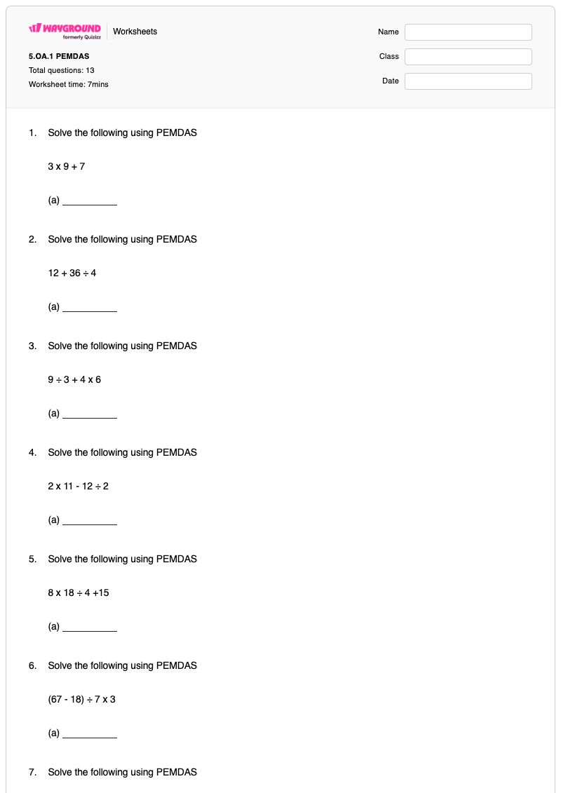 5.OA.1 PEMDAS - Printable Order-of-operations-pemdas Worksheets Class 5 - Wayground