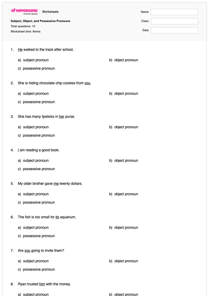 Subject, Object, and Possessive Pronouns - พิมพ์ได้ Subject-and-object เวิร์กชีท - Wayground