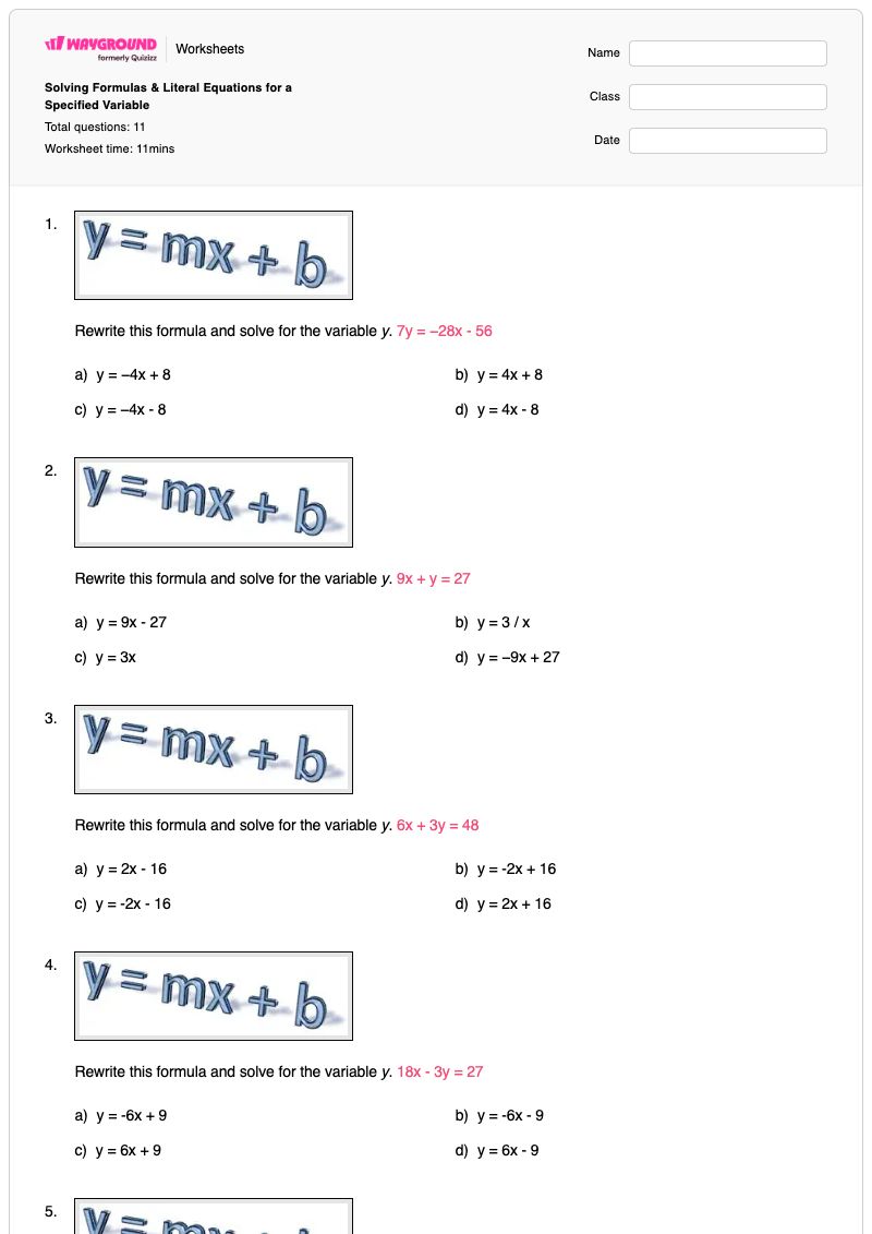 Solving Formulas & Literal Equations for a Specified Variable - พิมพ์ได้ Rearranging-formulas เวิร์กชีท - Wayground