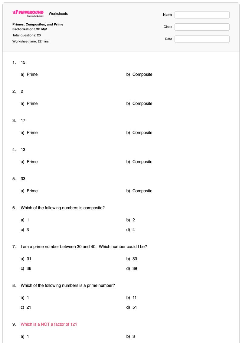 Primes, Composites, and Prime Factorization!  Oh My! - พิมพ์ได้ การเปลี่ยนแปลง เวิร์กชีท - Wayground