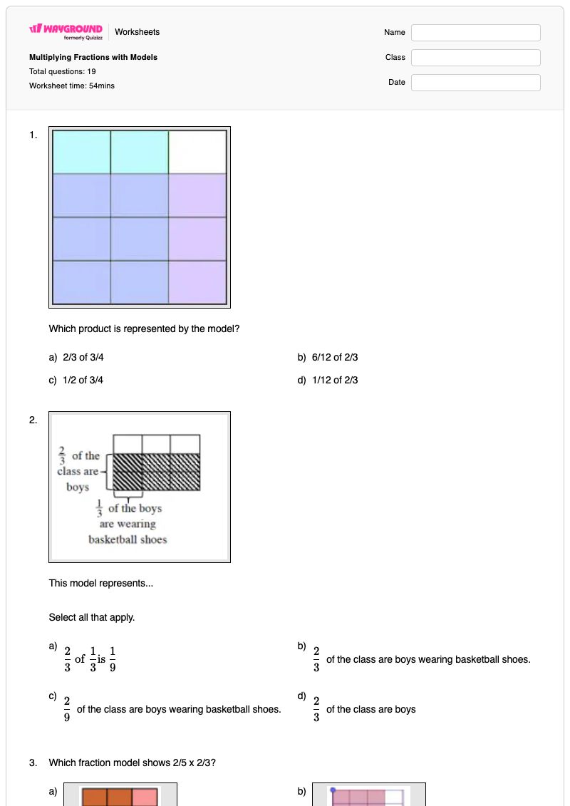 Multiplying Fractions with Models - พิมพ์ได้ แบบจำลองเศษส่วน เวิร์กชีท - Wayground