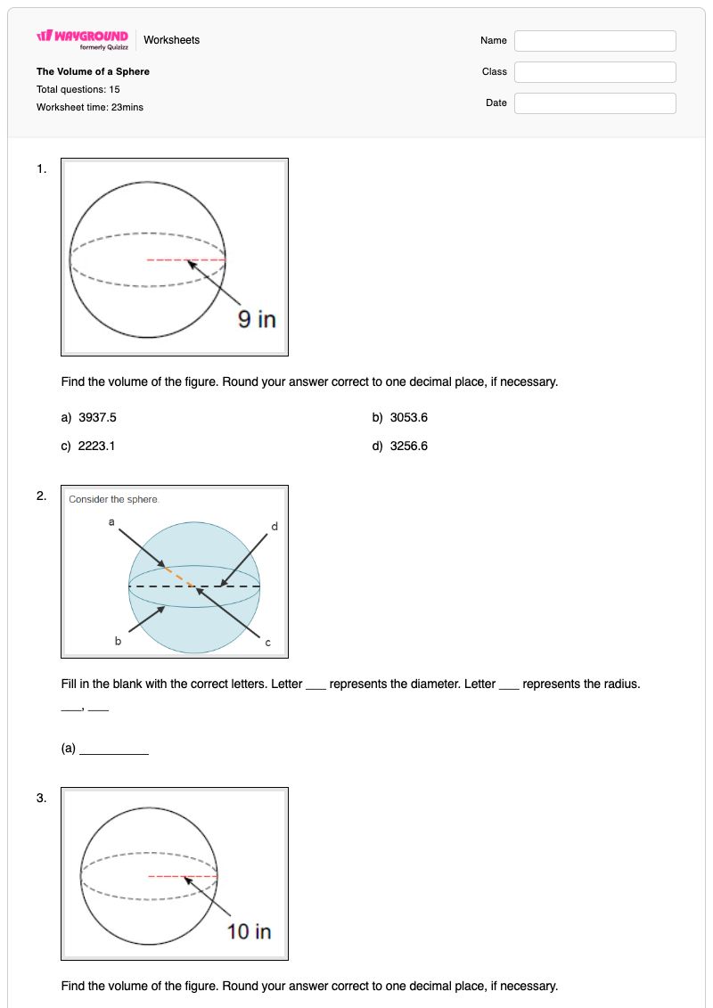 The Volume of a Sphere - Printable Volume-and-surface-area Worksheets - Wayground