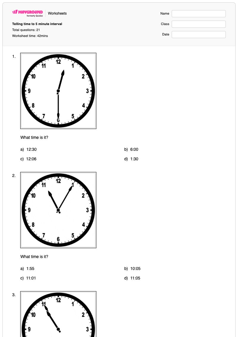 Telling time to 5 minute interval - พิมพ์ได้ ช่วงเวลา เวิร์กชีท ระดับ 2 - Wayground