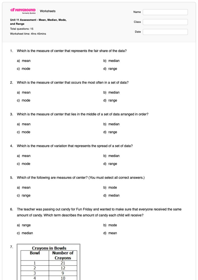 Unit 11 Assessment - Mean, Median, Mode, and Range - พิมพ์ได้ Probability-and-statistics เวิร์กชีท ระดับ 5 - Wayground